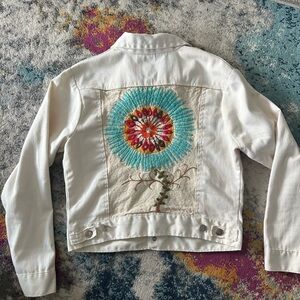 Vintage Embroidered Maverick Tan Denim Jacket Made in USA Unique One of a Kind S